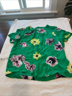 J. Crew Emerald Green Floral Accent Blouse